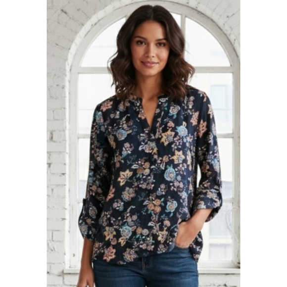 Zac & Rachel Woman Roll tab Floral Split neck Blouse Black  Size 3X - Picture 1 of 10